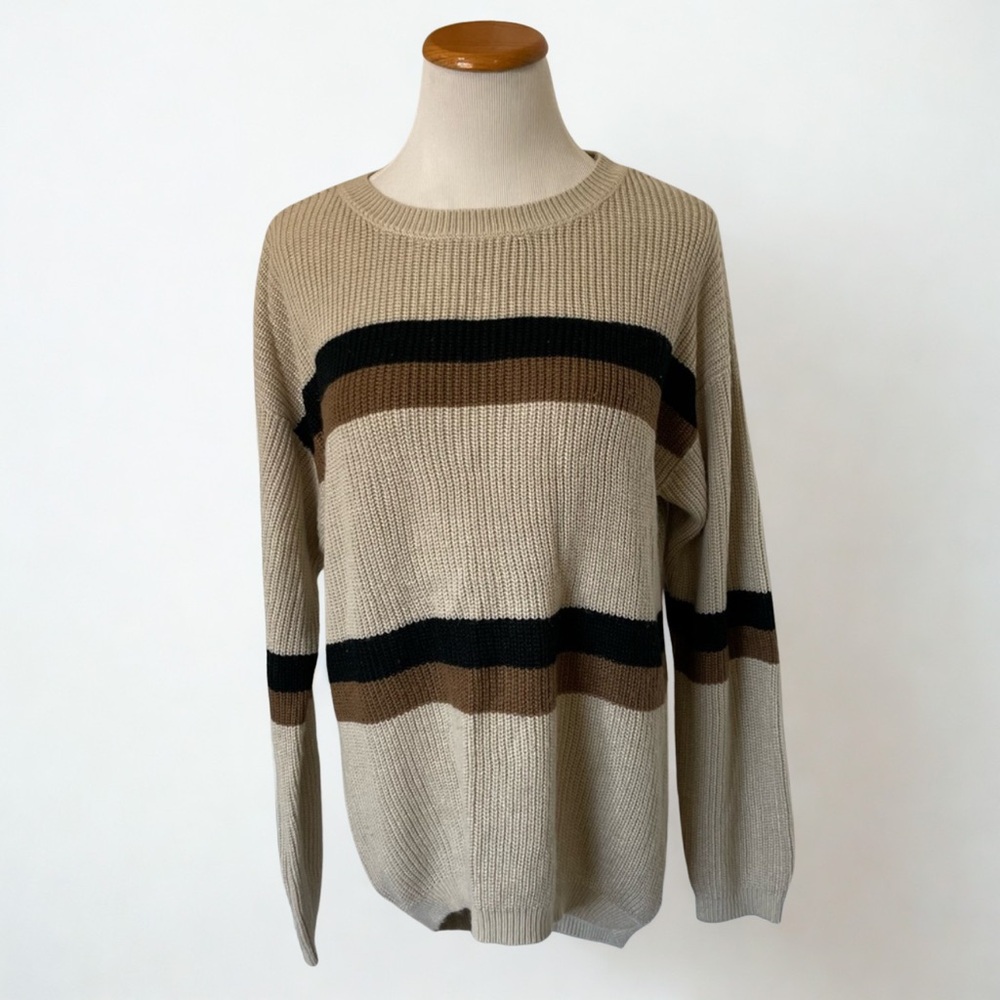Crewneck Knit Sweater in Beige with Brown & Black Stripes
